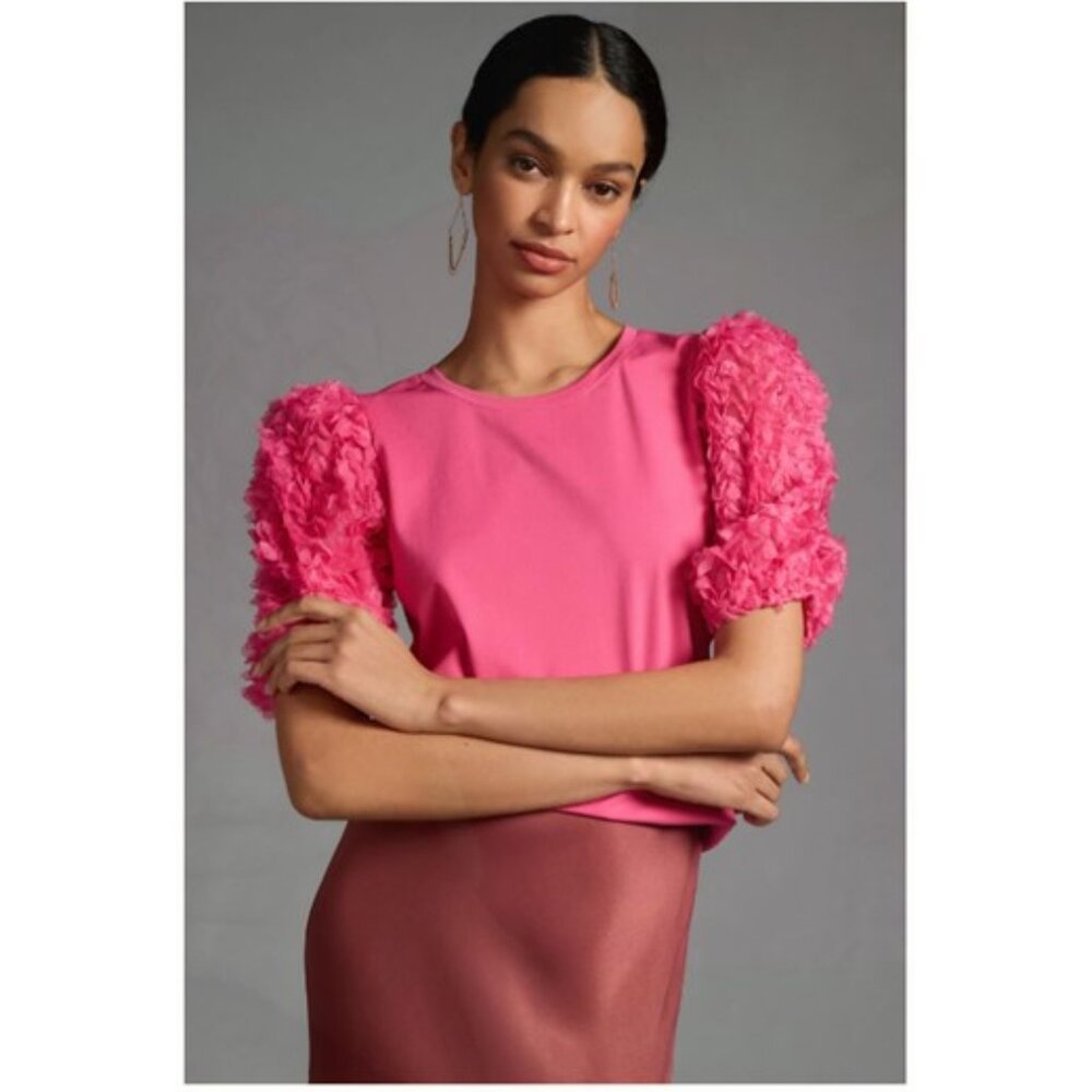 NWT-Anthropologie Flat White Fuchsia Riffle-Sleeve Top - XL